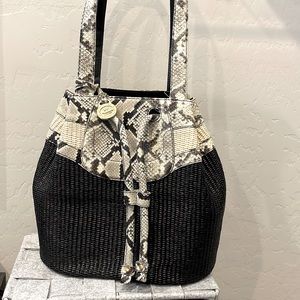 Brahmin Drawstring Bag- Purse Black woven straw and reptile leather… never used